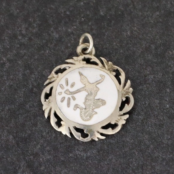 Estate Jewelry - Vintage Estate Sterling Silver 925 Siam Dancing White Enamel Inlay Pendant